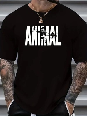Toptan Fabrika Erkek ANIMAL Baskılı Tişört Bisiklet YakaYazlık T-shirt - Siyah