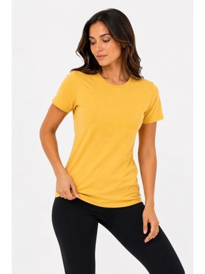 Hsc Bilişim Kadın Basic Tişört Bisiklet Yaka Kısa Kol Günlük Yazlık Slim fit T-Shirt - Sarı