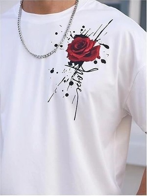 Tarz Yeri Erkek Kısa Kol Yazlık Tişört Bisiklet Yaka GÜL Baskılı T-Shirt - Beyaz