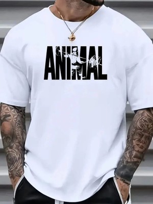 Senka Erkek ANIMAL Baskılı Tişört Bisiklet YakaYazlık T-shirt - Beyaz
