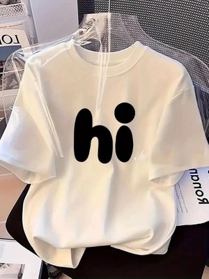 Tarz Yeri Kadın Kısa Kol Yazlık Tişört Bisiklet Yaka hi Baskılı T-Shirt - Beyaz