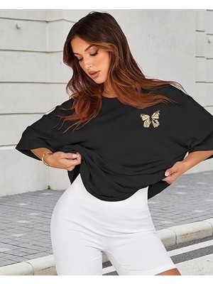Tarz Yeri Kadın Baskılı T-Shirt Kısa Kol Bisiklet Yaka Oversize Rahat Kalıp Tişört - Siyah