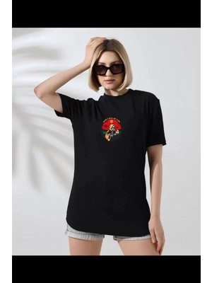 Velmora Fashion Kadın Bisiklet Yaka Baskılı  kısa kol T-Shirt - Siyah