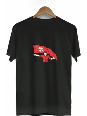 Tarz Yeri 1 Mayıs Emek ve Dayanışma Bayraklı Emekçi Baskılı Bisiklet Yaka T-shirt - Siyah