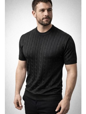 Erkek Yazlık Triko Dokuma Tişört Kısa Kol Bisiklet Yaka Örgü Desenli T-Shirt - Siyah