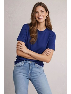 Kadın Tişört Osy Modal yumuşak dokulu Kumaş Bisiklet Yaka T-shirt - Lacivert