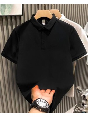 Tarz Yeri Erkek Polo Yaka Tişört Düğmeli Pike Düz T-Shirt - Siyah
