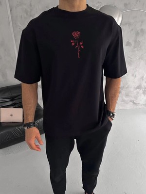 3 Erkek Bisiklet Yaka Baskılı Oversize  Kısa kol T-Shirt - Siyah