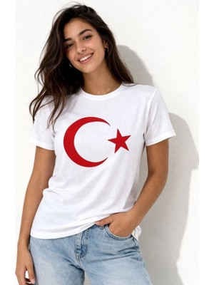 Kadın T-Shirt Kısa Kol Bisiklet Yaka Ay Yıldız Bayrak Baskılı Tişört - Beyaz