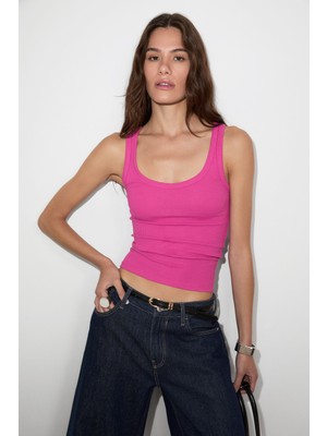 Ethiquet Lıllesol Kadın Fitilli Görünümlü Slim Fit Vücuda Oturan Havuz Yakalı Pamuklu Basic Koyu Fuşya Atlet