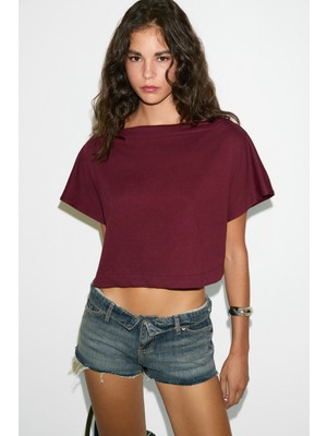 Ethiquet Iberıs Kadın %100 Organik Pamuklu Kayık Yakalı Rahat Kalıp Bordo T-Shirt