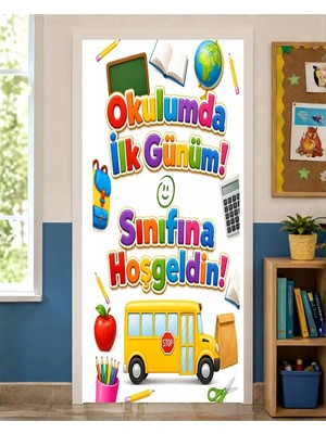 Promisebackdrop2 Promısebackdrop2 190X75CM Lastikli Kapı Süsü, Kumaş Kapı Giydirme, Okulumda Ilk Günüm!, Sınıf Kapısı, Okul Etkinlik Kapı Süsü