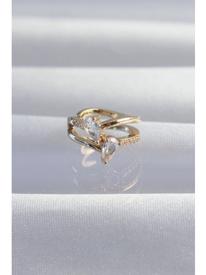 Sepetopia Pirinç Gold Renk Zirkon Taşlı Damla Earcuff Küpe
