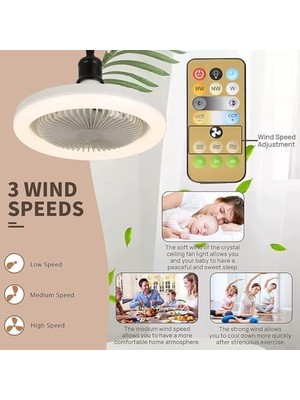 Kumandalı 3 Mod Işıklı ve Fanlı Zaman Ayarlı Ledli Lambalı Tavan Vantilatörü E27 Duy, Duya Takılabilen, Ayarlanabilir Fan Hızları, Zamanlayıcılı, Ortam Serinletici