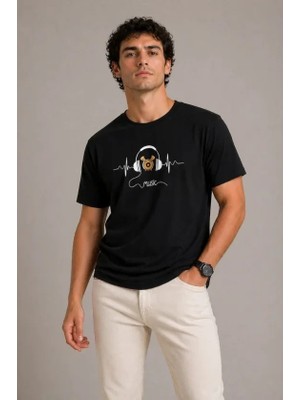 Erkek Müzik Temalı Baskılı Tişört Bisiklet Yaka Kısa Kol T-Shirt - Siyah