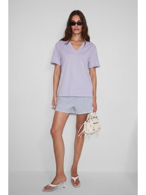 Ethiquet Sheane Kadın %100 Organik Pamuk Derin V Yakalı Comfort Fit Lila T-Shirt