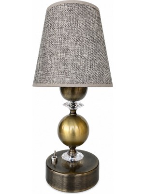 Fey Abajur El Yapımı Pilli LED Dekoratif Masa Lambası Eskitme Metal Kristal Detaylı Kahverengi Kumaş Şapkalı Kablosuz Gece Lambası 30 cm