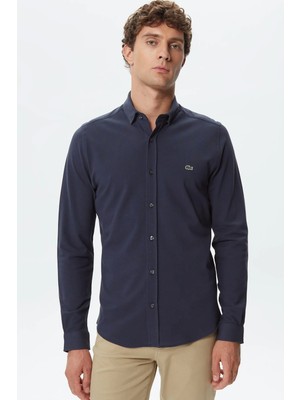 Lacoste Men's Slim Fit Button-Down Collar Linen Shirt Erkek Düğmeli Yaka Pamuklu Gömlek Lacivert