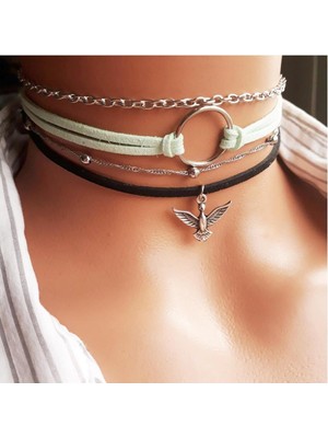 BijuStore Su Yeşili & Siyah Renk Süet Kadın Albatros Kuşu & Round Dörtlü Choker Kolye