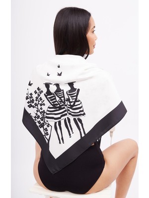 Peraluna Beach Gırls Scarf Baskılı Saten Kadın Eşarp - Siyah/beyaz