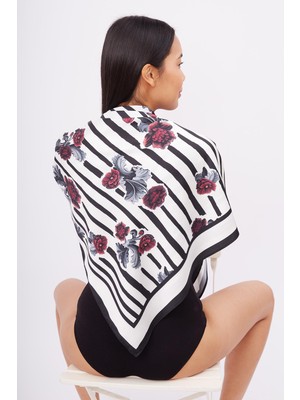 Peraluna Strıpe Garden Scarf Baskılı Saten Kadın Eşarp - Çok Renkli