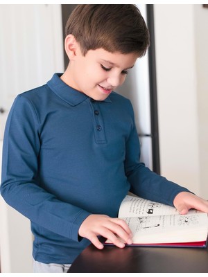 Organickid Polo Yaka Basic Lacivert Uzun Kollu Çocuk T-shirt