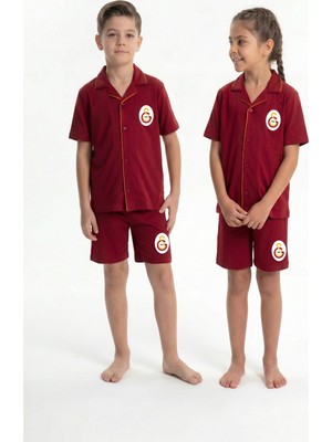 Orjinal Galatasaray Lisanslı Çocuk Kısa Kollu Şortlu Pijama Takımı Pamuklu Düğmeli Gömlek Yaka Unisexs