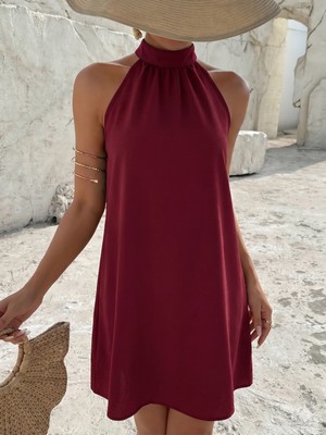 Stilvibe Kadın Şık Halter Yaka Siyah Mini Elbise