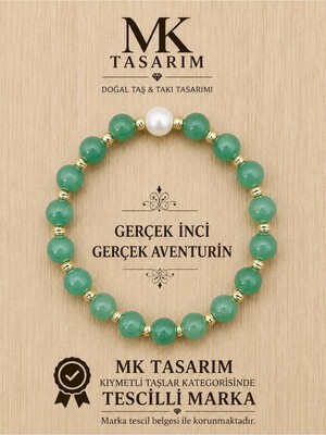 Mk Tasarım Gerçek Inci Aventurin Taşı Bileklik MK.7000.811- Rahatlık-Dinginlik-Enerji- Stres Bilekliği