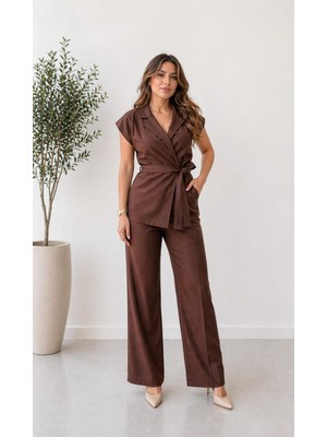 Moda Leyra Kadın Keten 2 Li Takım Gömlek Yaka Lastikli Pantolon Kuşak Kemerli Şık ve Rahat Model