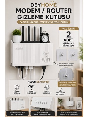 Deyhome Modem Gizleme Kutusu ve Kablo Düzenleyici | Wi-Fi Router Saklama Kutusu | Pleksi Duvar Tipi Modem Koruyucu | 2 Adet Yapışkanlı Vidalı Askı Hediyeli