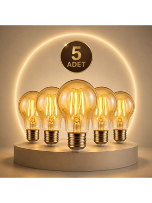 A6 LED Filament Ampul 6W 2700K Amber Cam – Sarı Işık – 600 Lümen Beşli