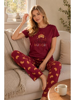 Seamlife Kadın Desenli Bisiklet Yaka Düğmesiz Pamuklu Yazlık Kısa Kol Pijama Takımı