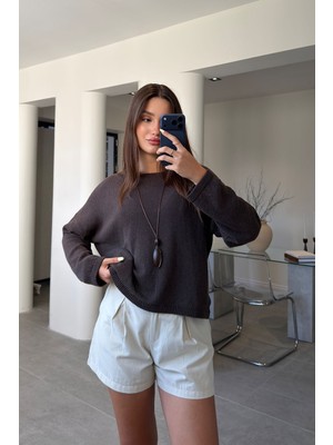 Magarde Geniş Yaka Basic Merserize Triko- Kahverengi
