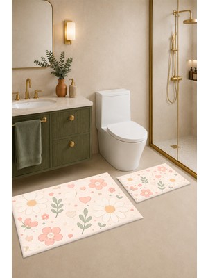 Otopas Dijital Baskılı Çok Renkli Yıkanabilir Banyo Paspası Takımı Kaymaz Tabanlı 2 Parça Set