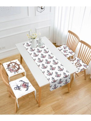 Rem Home Remhome Gül Detaylı Çapa & Dümen Tasarımlı Denizci Motifli 4 Pofidik Sandalye Minderi ve 1 Runner Seti