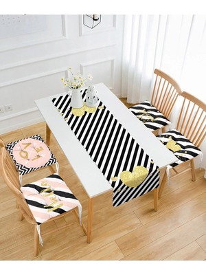 Rem Home Remhome Siyah Beyaz Zigzag Zeminli Love Temalı 4 Pofidik Sandalye Minderi ve 1 Runner Seti