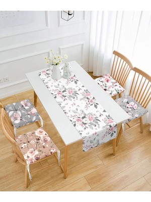 Rem Home Remhome Soyut Renkli Gül Motifli 4 Pofidik Sandalye Minderi ve 1 Runner Seti