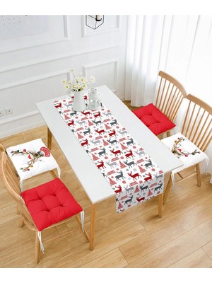 Rem Home Remhome Geyik Desenli Yılbaşı Temalı 4 Pofidik Sandalye Minderi ve 1 Runner Seti