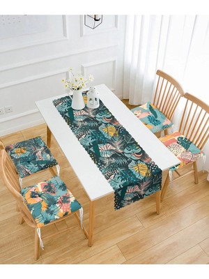 Rem Home Remhome Renkli Tropik Yaprak Motifli 4 Pofidik Sandalye Minderi ve 1 Runner Seti