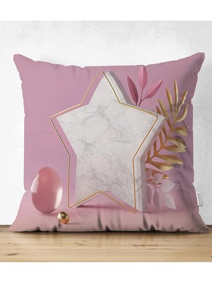 Rem Home Çift Taraflı Modern Pembe Zeminli 3D Yıldız Desenli Dekoratif Süet Yastık Kırlent Kılıfı