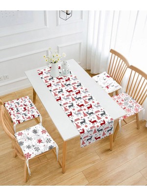 Rem Home Remhome Mery Christmas Geyik Desenli 4 Pofidik Sandalye Minderi ve 1 Runner Seti