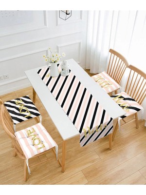 Rem Home Remhome Çizgili Zeminde Hello & Love Özel Tasarımlı 4 Pofidik Sandalye Minderi ve 1 Runner Seti