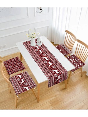 Rem Home Remhome Yılbaşı Geyik Motifli Özel Tasarım 4 Fermuarlı Sandalye Minderi 1 Runner Seti