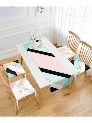 Rem Home Remhome Renkli Geometrik Çizimler Özel Tasarımlı 4 Pofidik Sandalye Minderi ve 1 Runner Seti