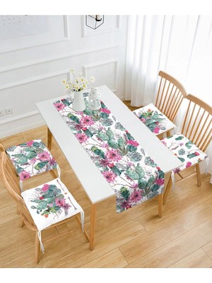 Rem Home Remhome Kaktüs Motifli 4 Pofidik Sandalye Minderi ve 1 Runner Seti
