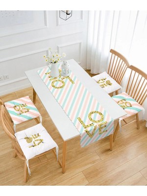 Rem Home Remhome Renkli Çizgi Zeminli Love Temalı Özel Tasarım 4 Pofidik Sandalye Minderi ve 1 Runner Seti