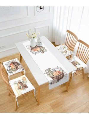 Rem Home Remhome Sonbahar Temalı Kabak Motifli 4 Pofidik Sandalye Minderi ve 1 Runner Seti