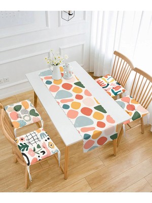 Rem Home Remhome Soyut Renkli Özel Tasarım 4 Pofidik Sandalye Minderi ve 1 Runner Seti