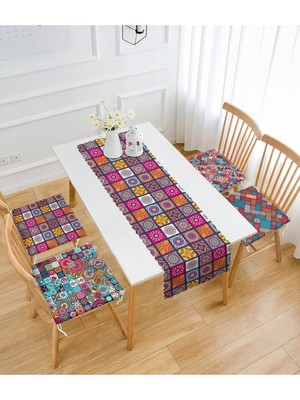 Rem Home Remhome Kareli Etnik Desen Motifli 4 Fermuarlı Sandalye Minderi ve 1 Runner Seti